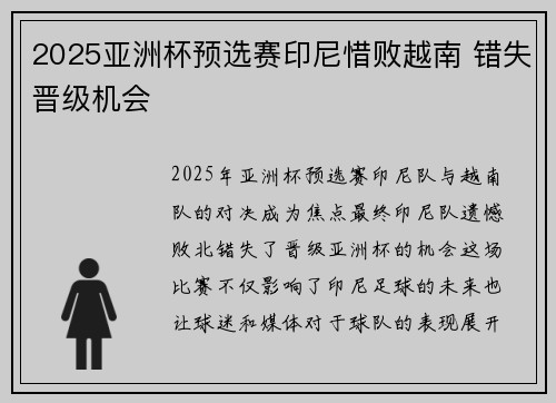 2025亚洲杯预选赛印尼惜败越南 错失晋级机会